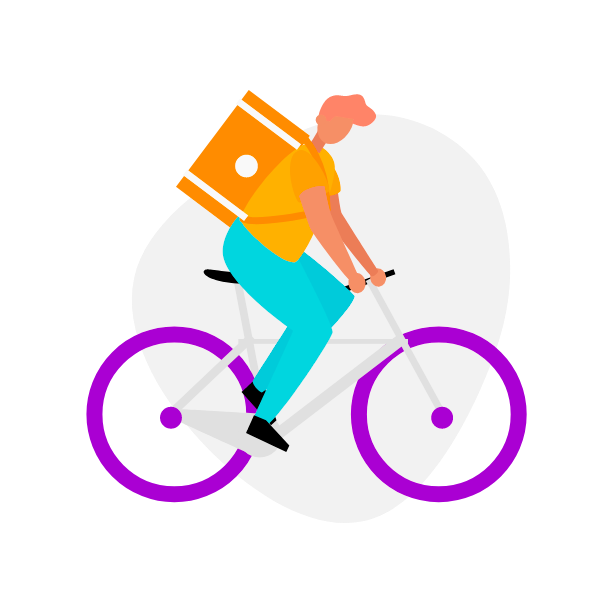 Desenho de uma jovem com camisa laranja e calça turquesa, com uma bag laranja nas costas, em cima de uma bicicleta branca com pneus em roxo